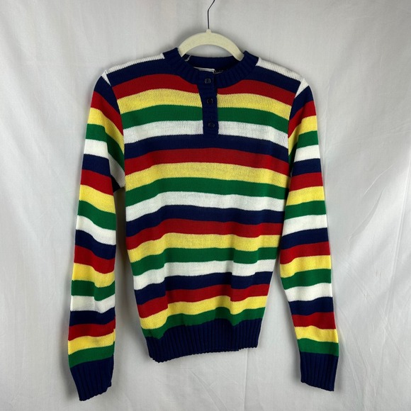 Kate Collins Vintage 80s Striped Henley Sweater Women Small Primary Retro USA - Picture 2 of 6